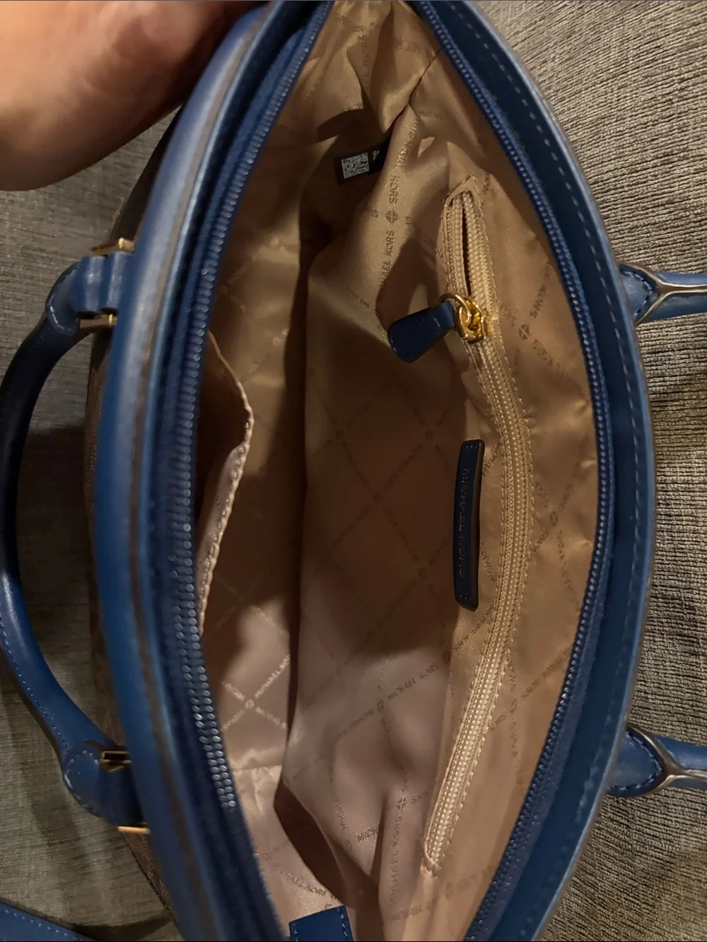 Michael Kors Brown Monogram Satchel with Blue Trim and Strap